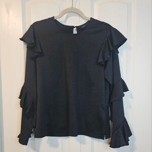 LOB Womens Black Ruffled Long Sleeve Blouse SZ L